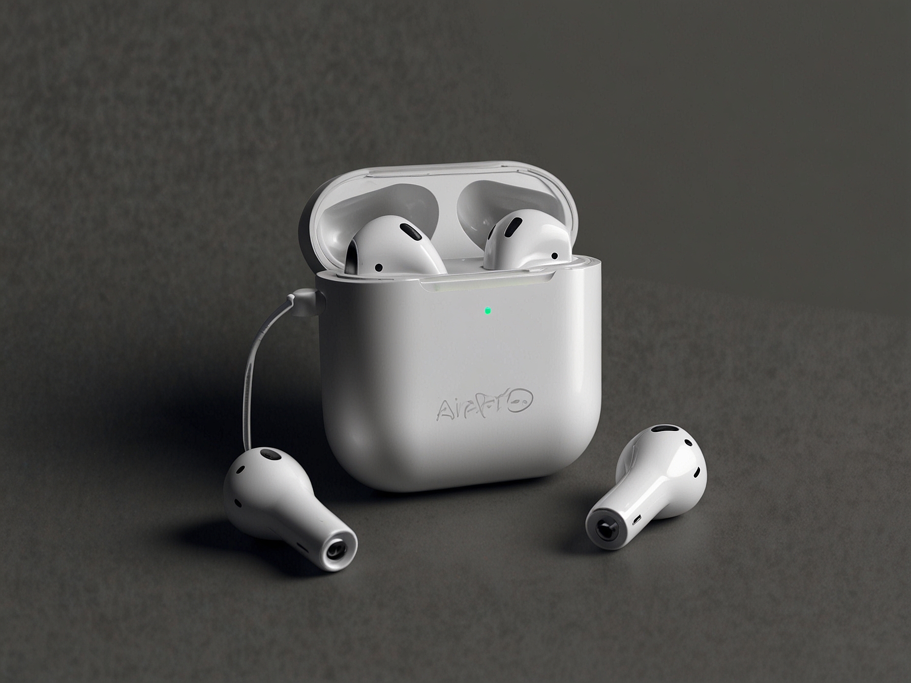 A pair of Apple AirPods in their charging case, emphasizing features like their ergonomic fit and minimalistic design. The background showcases various Apple devices to illustrate seamless integration.