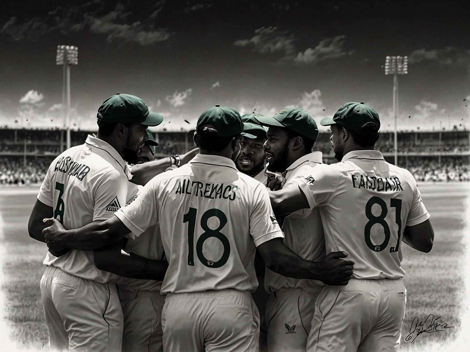 South African cricket team huddled together on the field, exuding camaraderie and unity, showcasing their collective spirit and determination throughout the gripping tournament.