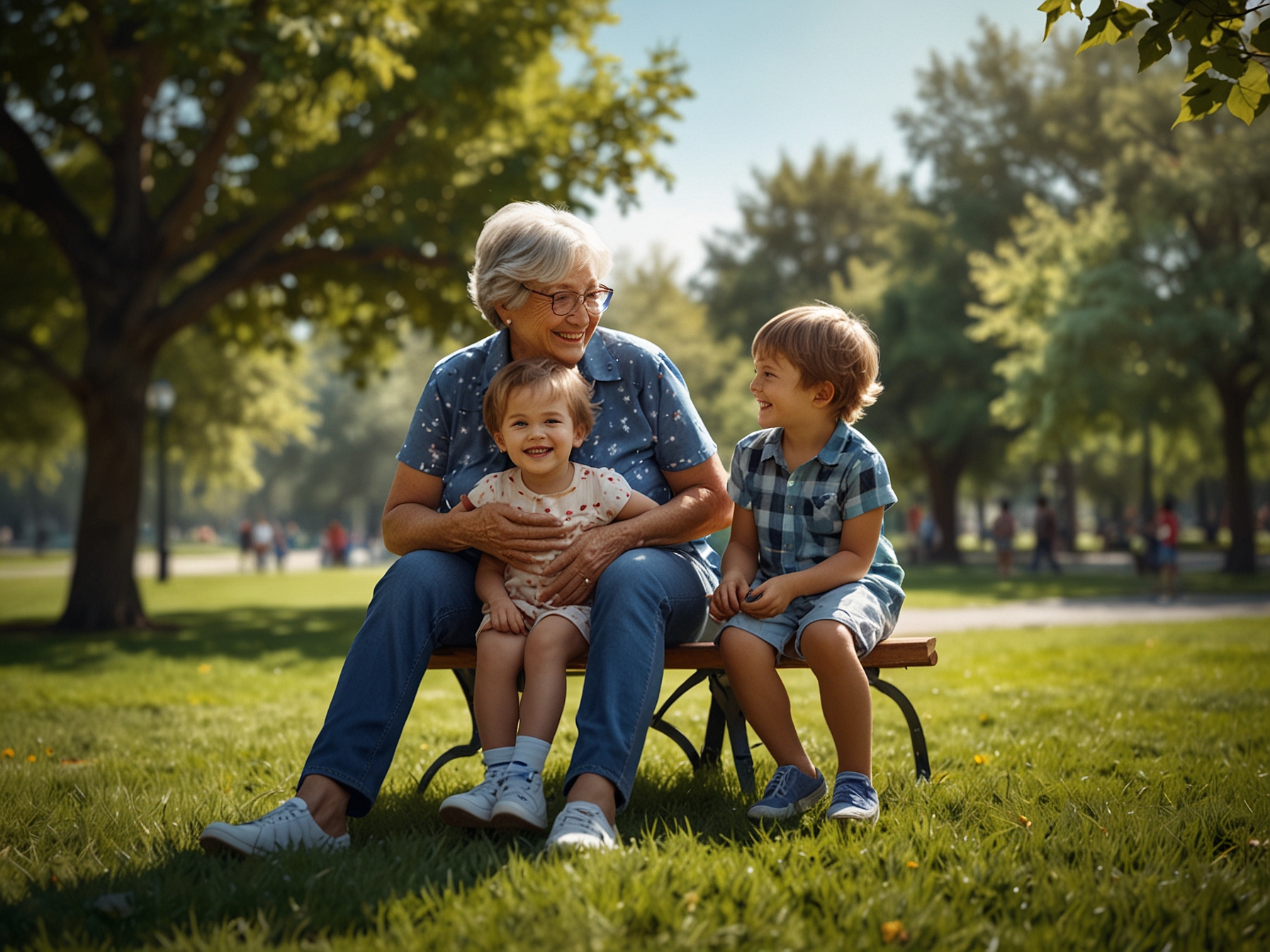 A grandmother playing with her three grandchildren in the park, highlighting the joy of spending quality time together and the potential financial burden it may impose.