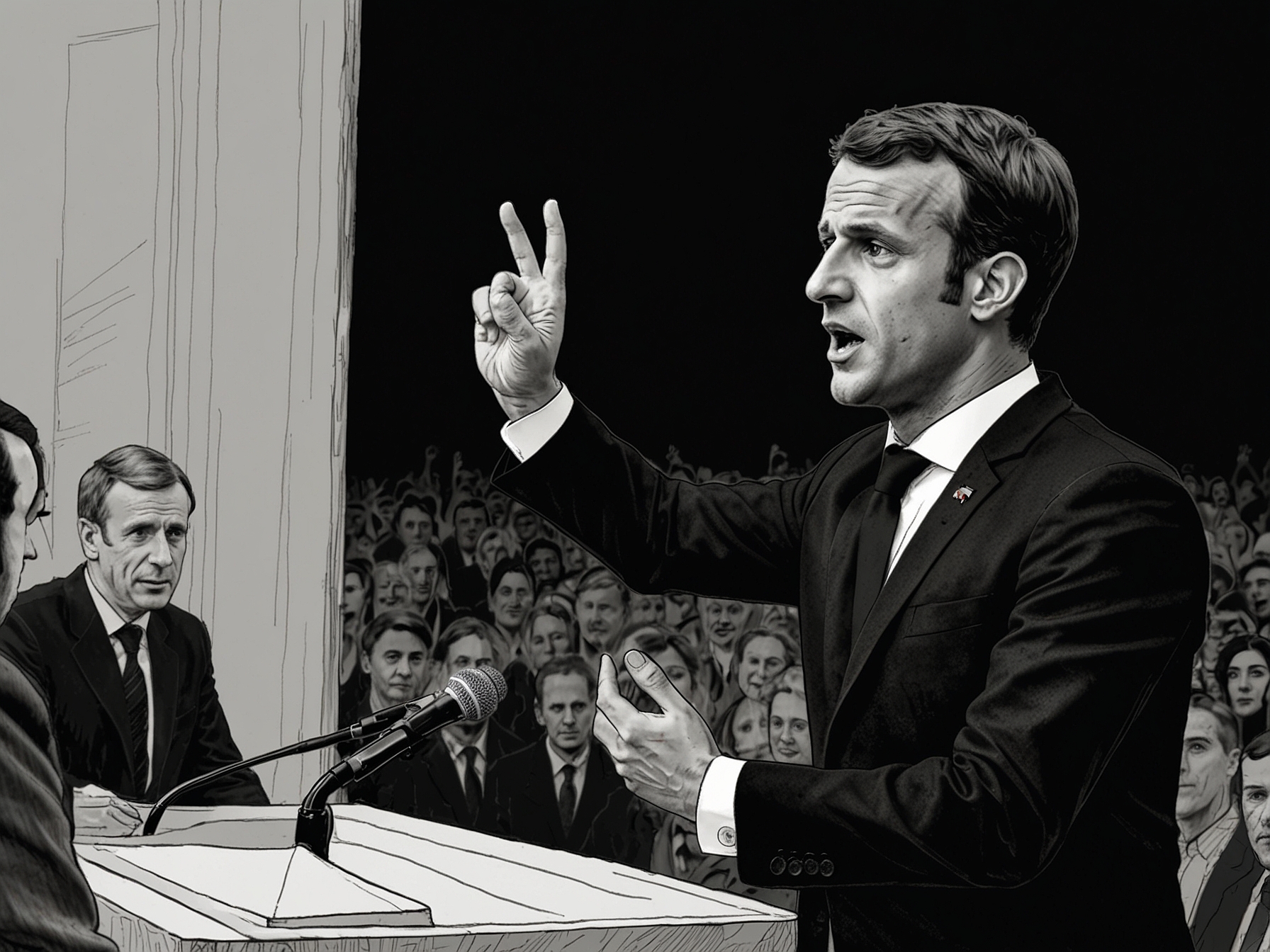 Emmanuel Macron addressing the public, illustrating his controversial political maneuvers and the growing discontent among French citizens.