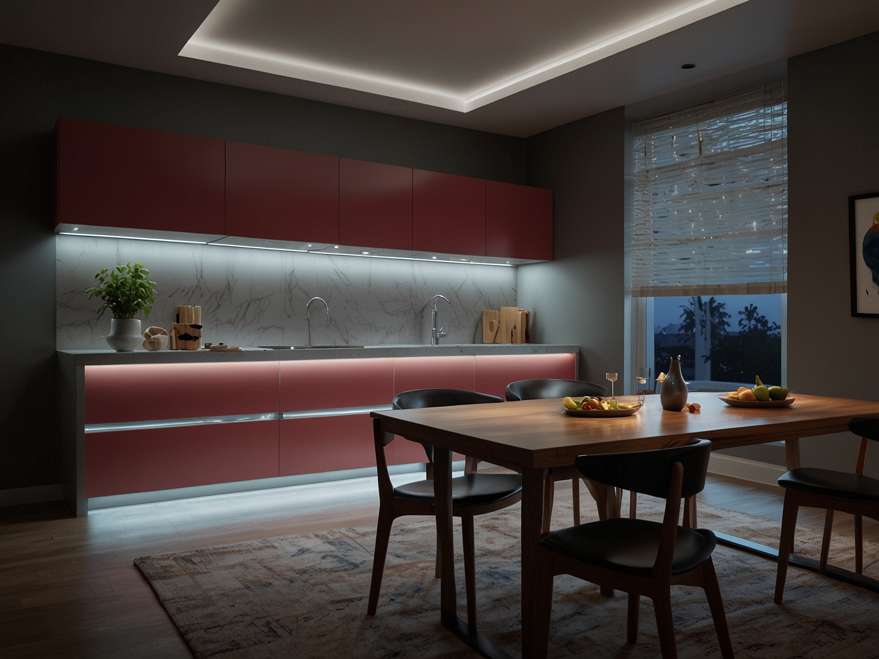 An image of a modern kitchen with GE Cync under cabinet lights installed, illuminating the workspace with customizable colors, demonstrating the light's sleek design and versatility.