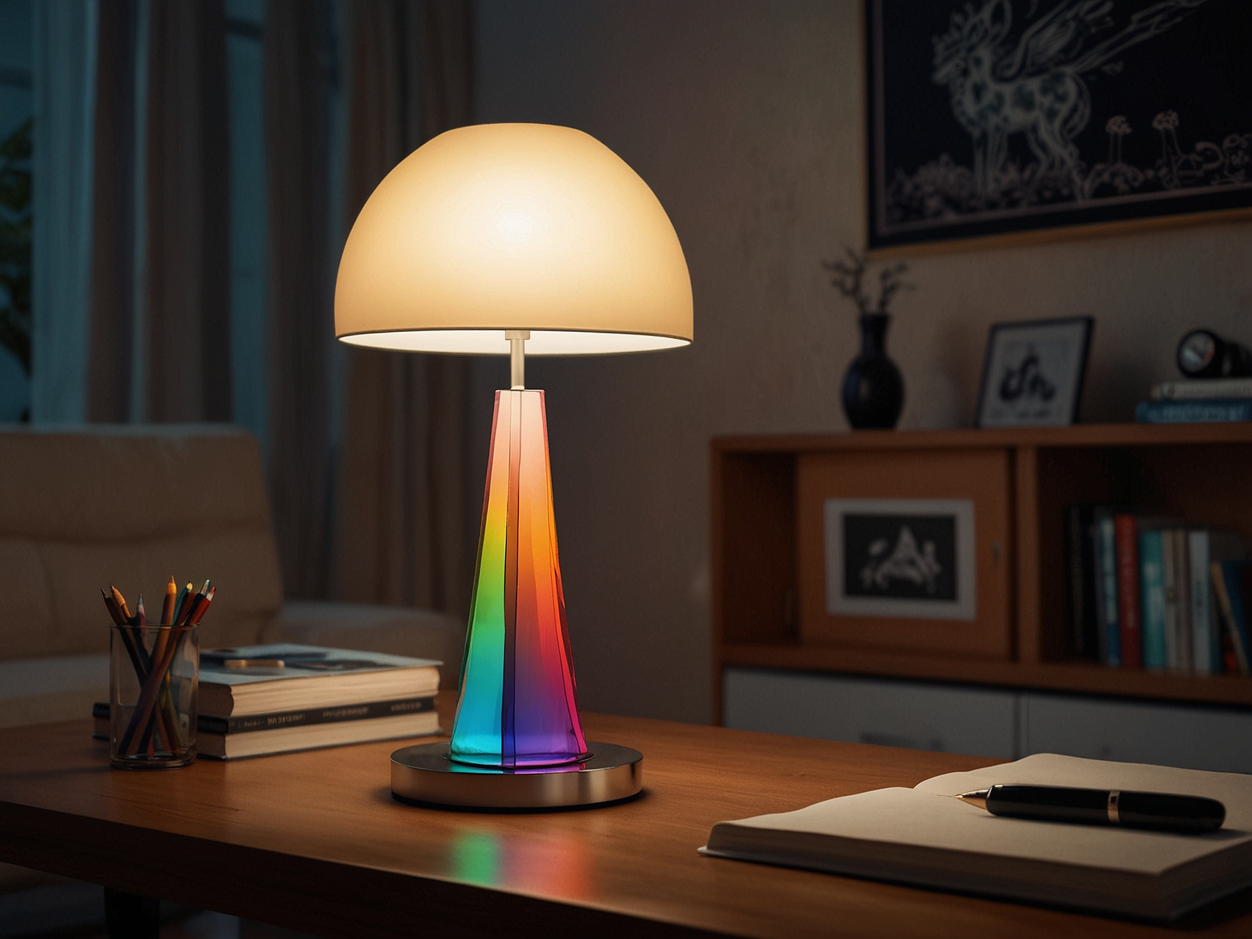 A stylish Hue table lamp emitting colorful light, placed on a living room table, showing its modern design and ability to enhance room ambiance through smart controls.