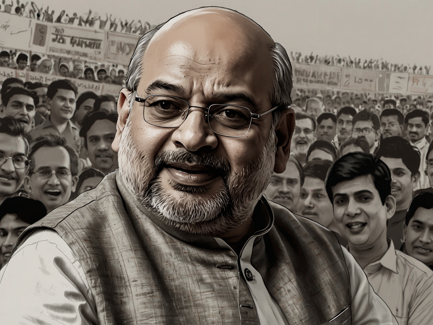 Amit Shah passionately addresses the crowd at a political rally, highlighting his points about Rahul Gandhi's controversial remarks and historical events like the Emergency.