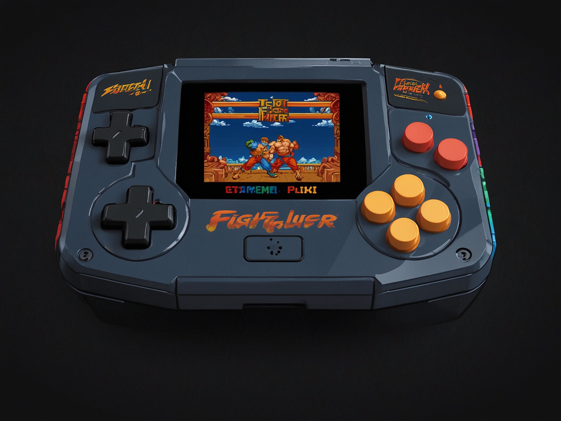 A bright, colorful handheld console from My Arcade Pocket Player series showcasing the game screen of Street Fighter II, highlighting its intuitive button layout for effortless gameplay.