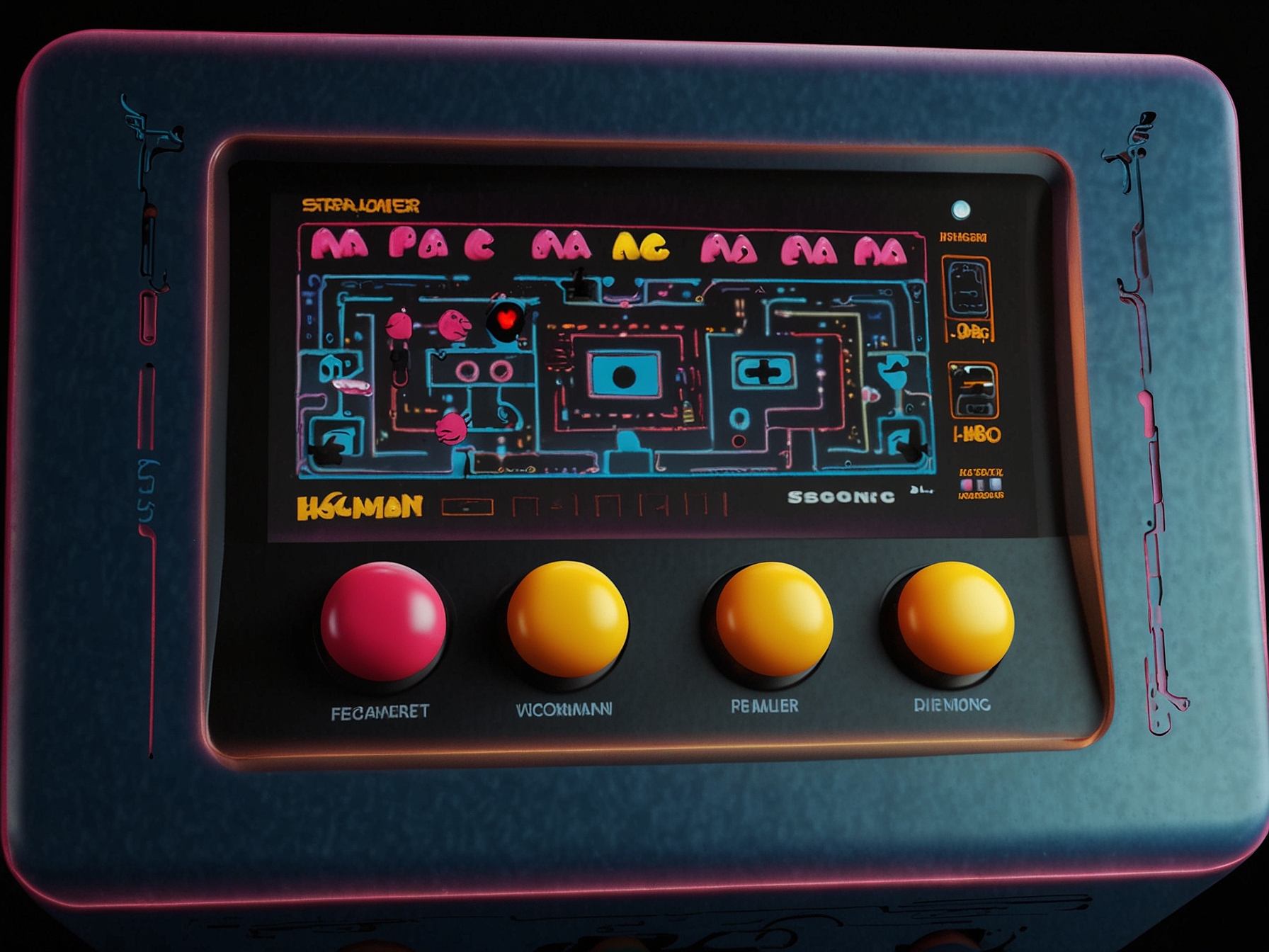 Close-up view of a My Arcade Pocket Player displaying Ms. Pac-Man, featuring vibrant maze graphics and iconic sound effects, embodying the nostalgic charm of retro gaming.