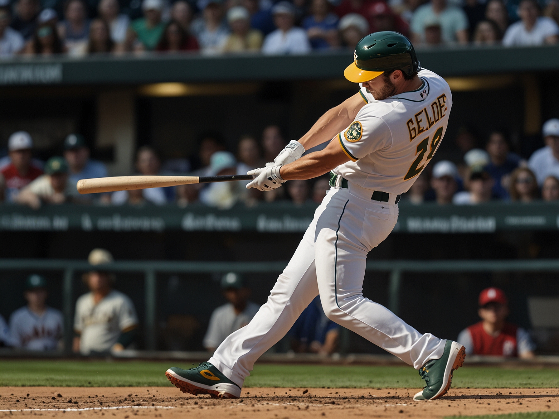 Zack Gelof of the Oakland Athletics hits a critical triple during the eighth inning, sparking a three-run surge that secured a 9-4 victory over the Arizona Diamondbacks.