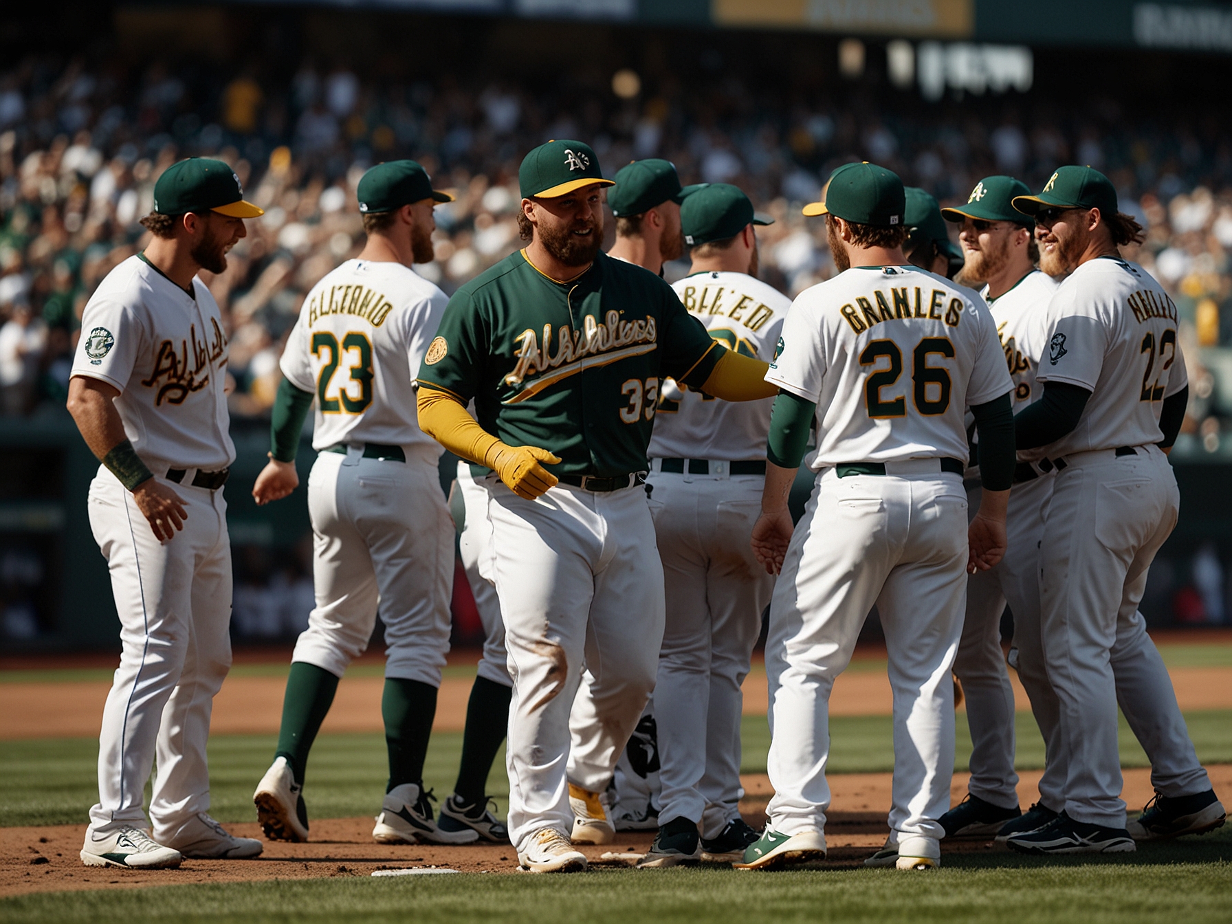 Celebratory moment as Oakland Athletics players rally together after snapping an eleven-game road losing streak, marking a significant morale boost for the struggling team.