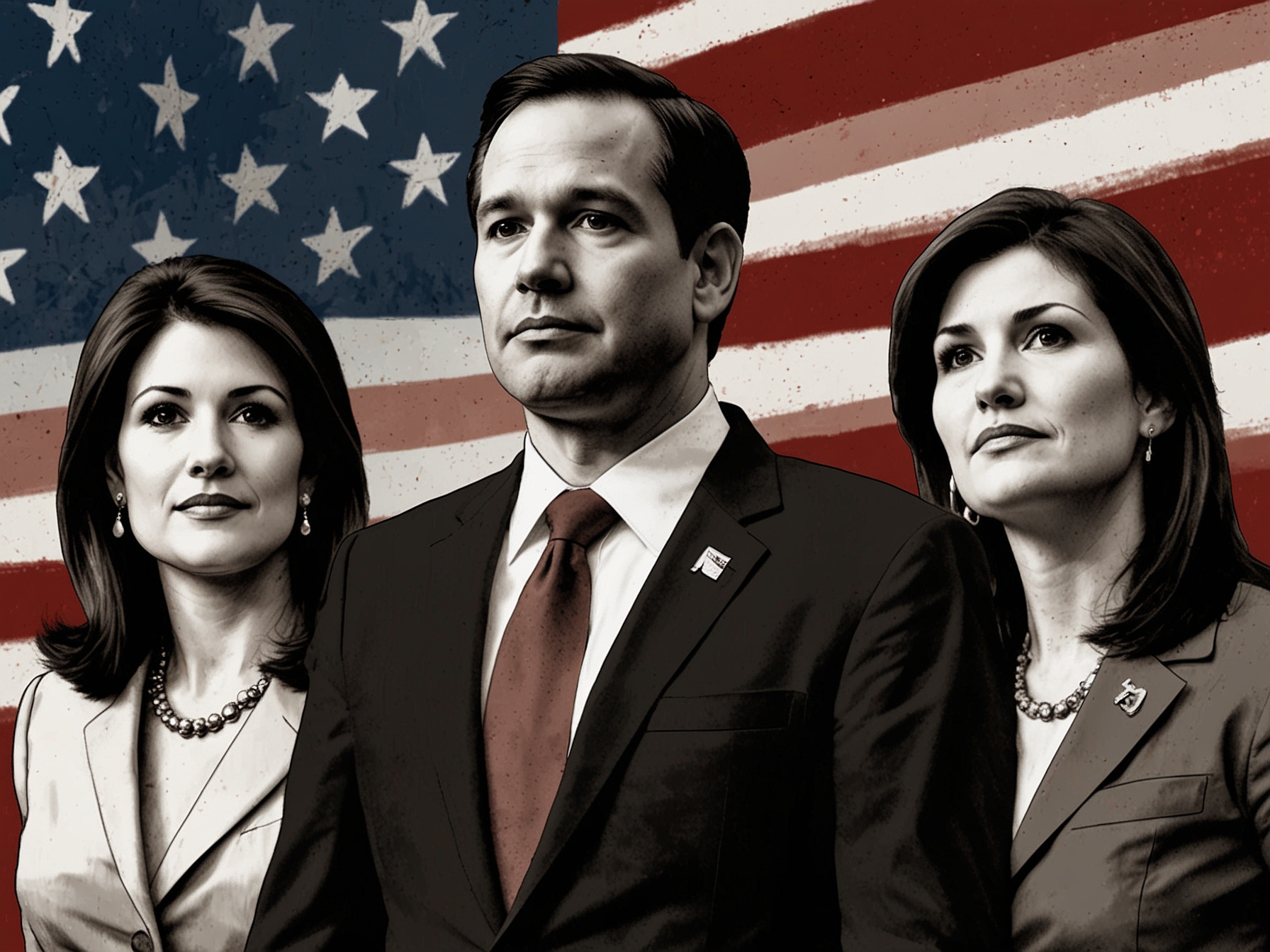 An illustration showing Marco Rubio, Ted Cruz, and Nikki Haley at a political rally, depicting their transformation from harsh critics to potential vice-presidential candidates for Donald Trump.