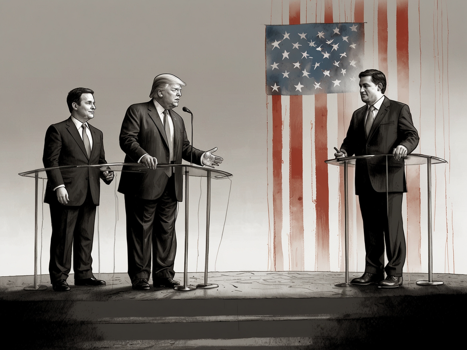 A graphic portraying a political stage with Trump at the center, flanked by former rivals like Rubio, Cruz, and Haley, symbolizing their alignment and the strategic shifts within the Republican Party.