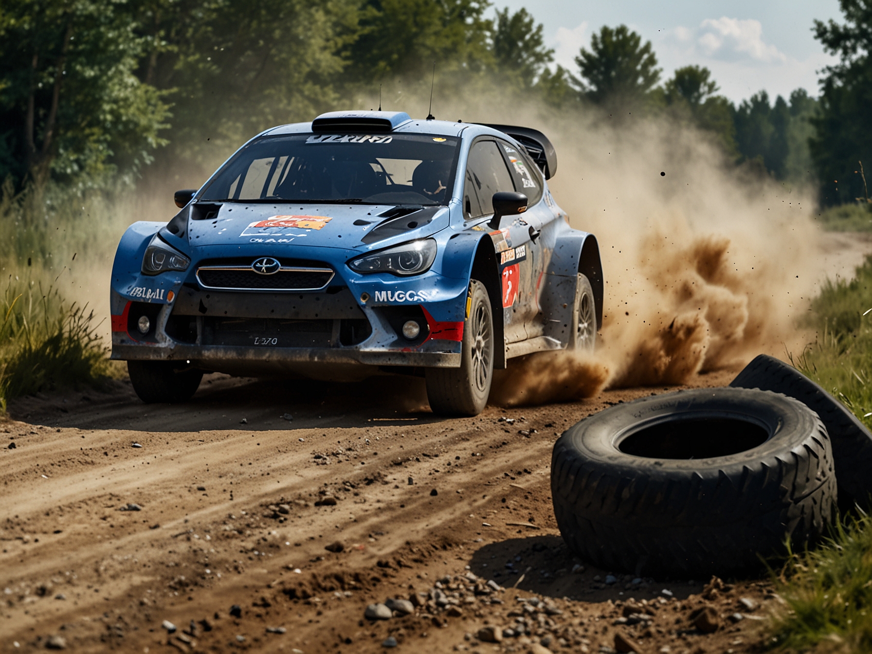 Elfyn Evans dealing with a tyre issue during the WRC Poland rally, highlighting the unpredictability of motorsports as he attempts to maintain control and pace despite the setback.