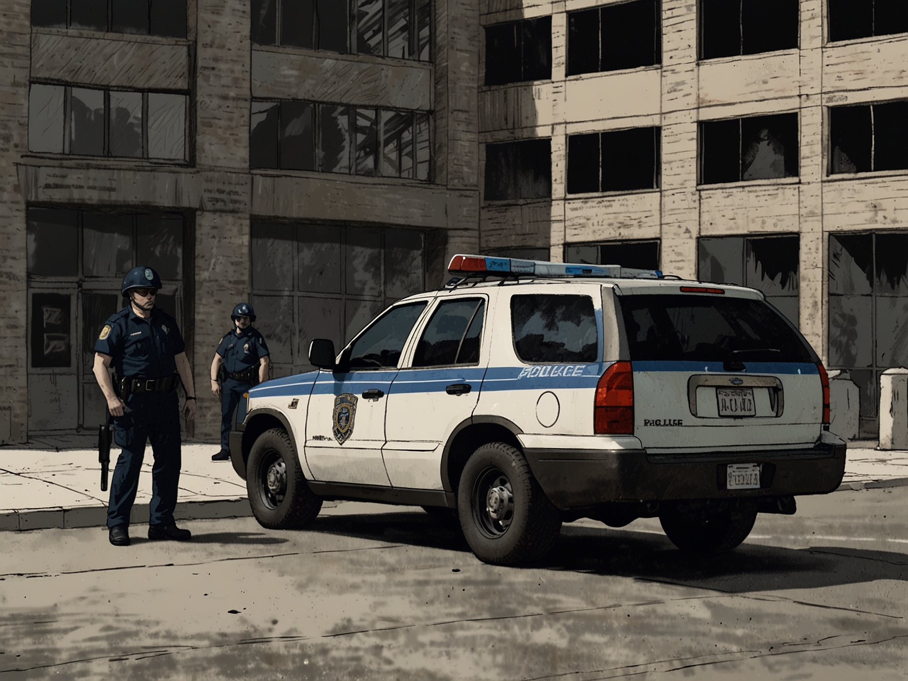 A police vehicle parked outside the headquarters, with officers inspecting the area where the security breach occurred. This image highlights the tension and awareness during the incident.