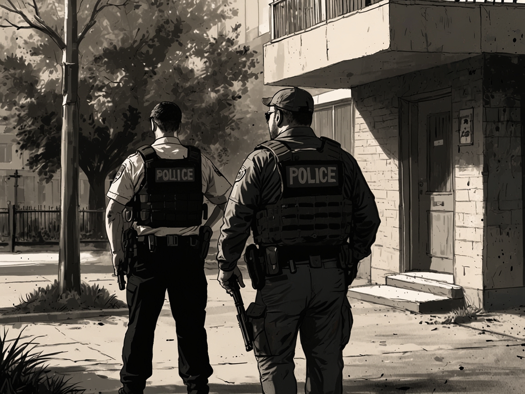 An officer detaining a man wearing a tactical vest in a restricted area near the police headquarters. This scene emphasizes the quick response and professionalism of the police force in handling unexpected threats.