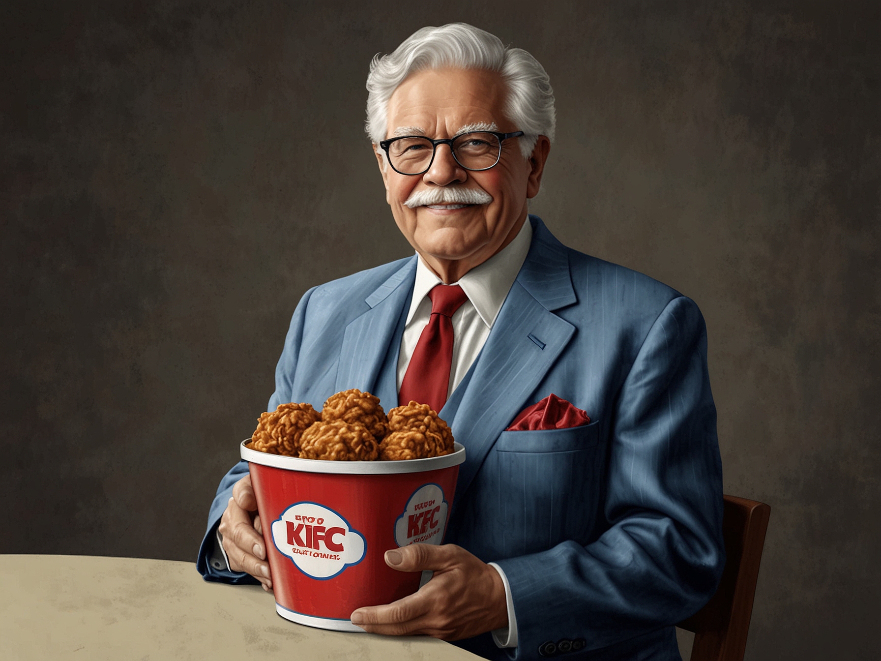 An illustration of an elderly Colonel Sanders proudly presenting a bucket of KFC chicken, symbolizing his late-life success in creating a global food empire after age 60.