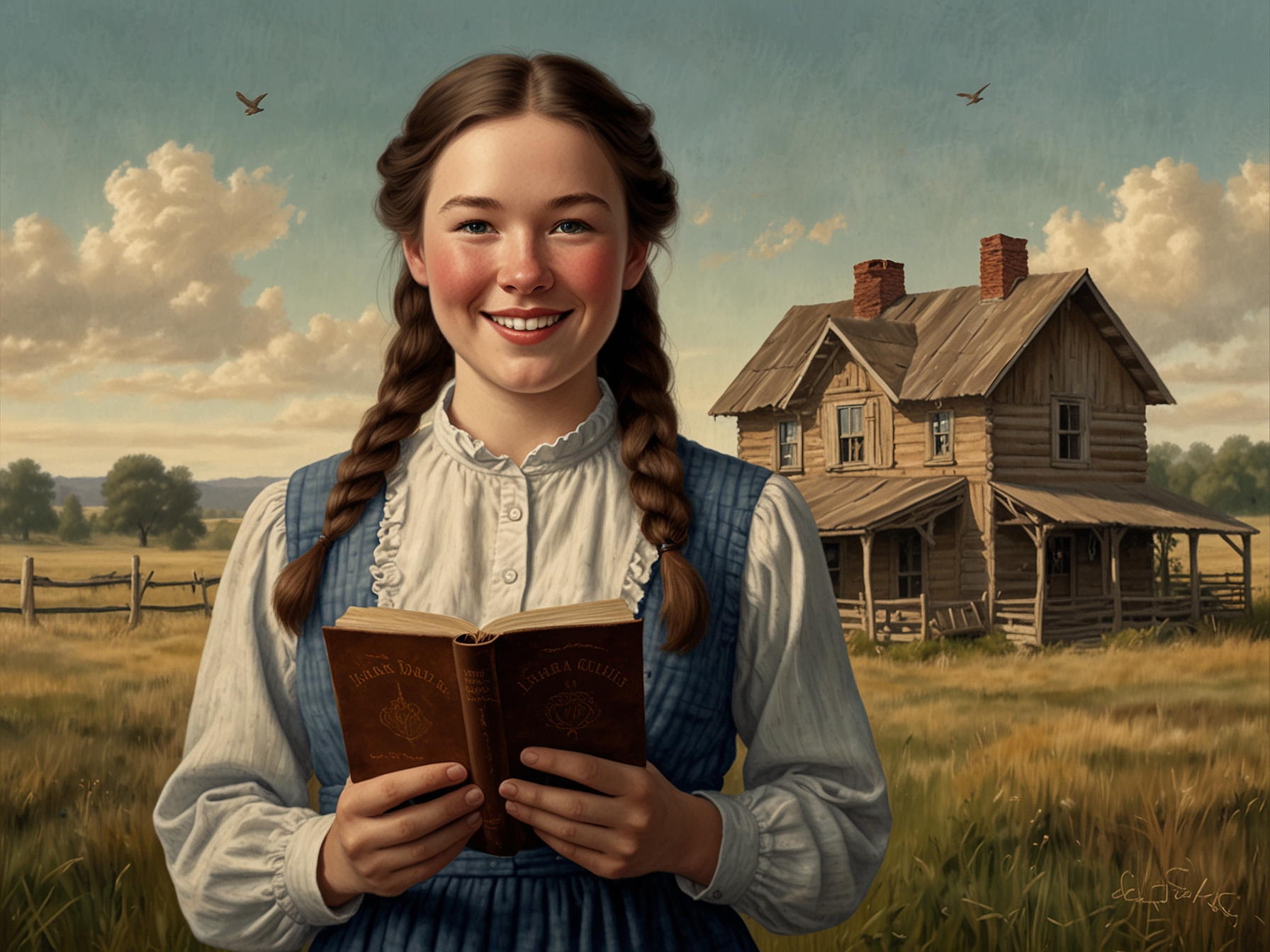A depiction of a smiling Laura Ingalls Wilder holding her 'Little House' book series, showcasing her late-blooming literary career that began in her 60s and captivated readers worldwide.