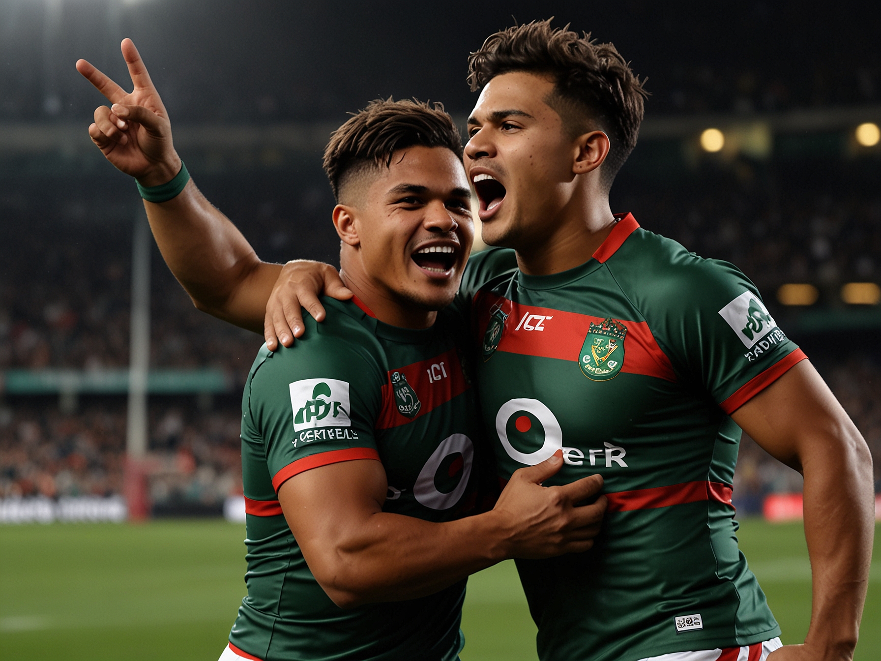 Image of South Sydney Rabbitohs players Latrell Mitchell and Cameron Murray celebrating a try, highlighting their strong playmaking skills and leadership that boosts team morale.