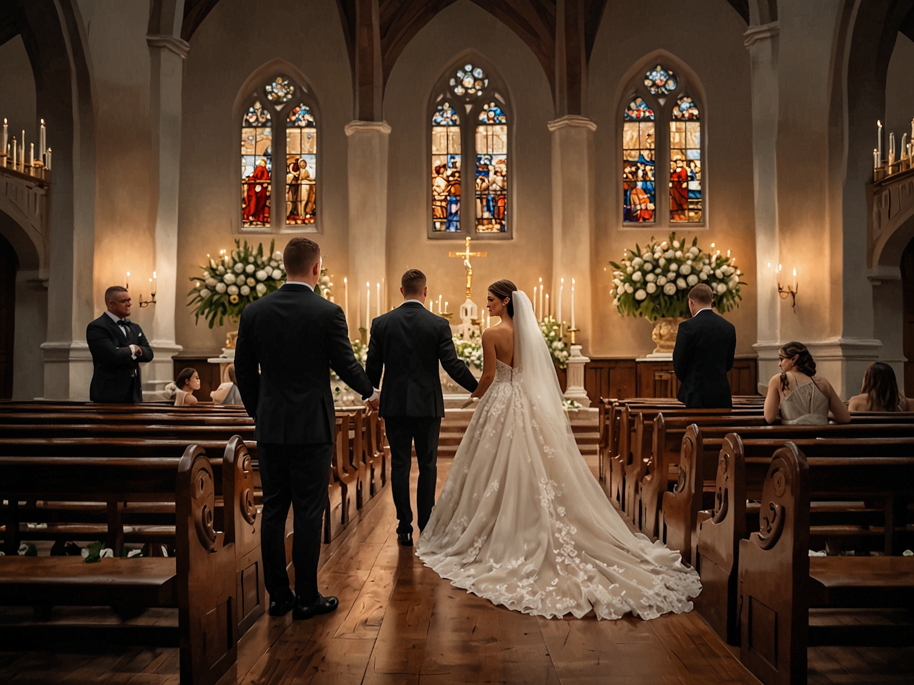 Olivia Culpo and Christian McCaffrey exchange heartfelt vows in a beautifully adorned church filled with flowers and candlelight, capturing the emotional moment of their union.