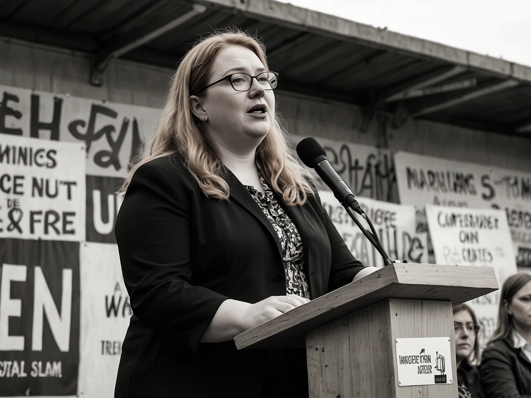 Naomi Long speaking at a rally in East Belfast, promoting her vision of social justice and inclusivity, aiming to mobilize her base and appeal to the middle ground.