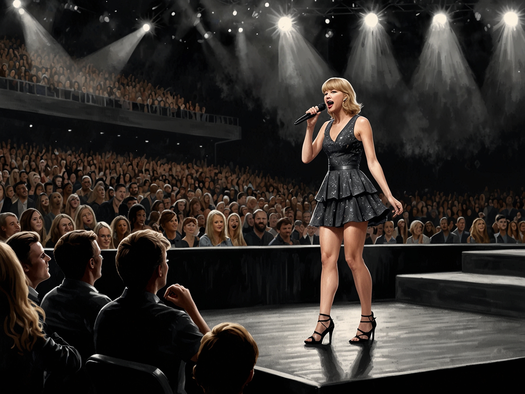Taylor Swift performing on stage during her Eras Tour in Dublin, passionately sharing stories about how Ireland influenced her 'Folklore' album, captivating the audience with her storytelling.