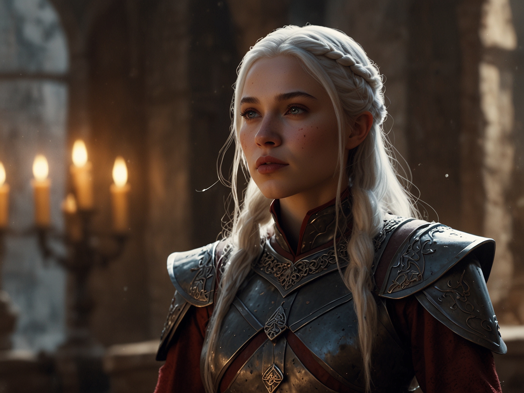 Rhaenyra Targaryen stands determined in a regal setting, preparing for her perilous journey to confront Alicent Hightower in a bid to prevent war. Her resolve is palpable.