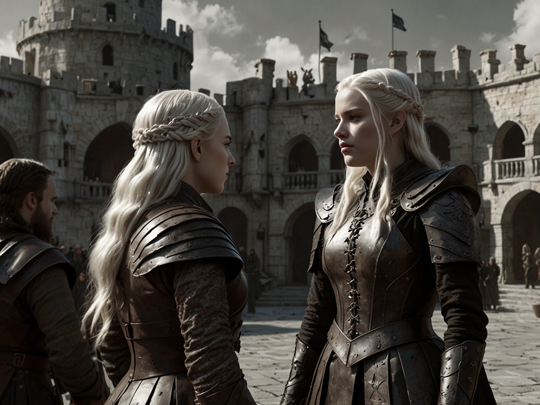 A tense encounter between Rhaenyra Targaryen and Alicent Hightower, surrounded by the grand architecture of King’s Landing, showcasing their complicated relationship and political stakes.