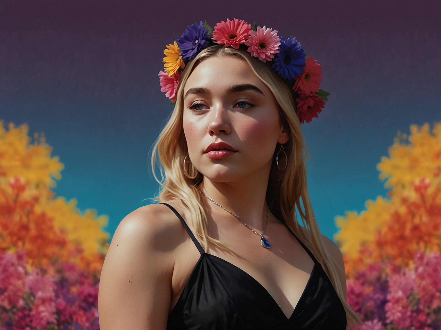 Florence Pugh at the Glastonbury Festival wearing a vibrant flower crown with shades of pink, purple, and blue. Her black halter-neck dress elegantly contrasts with the colorful accessory.