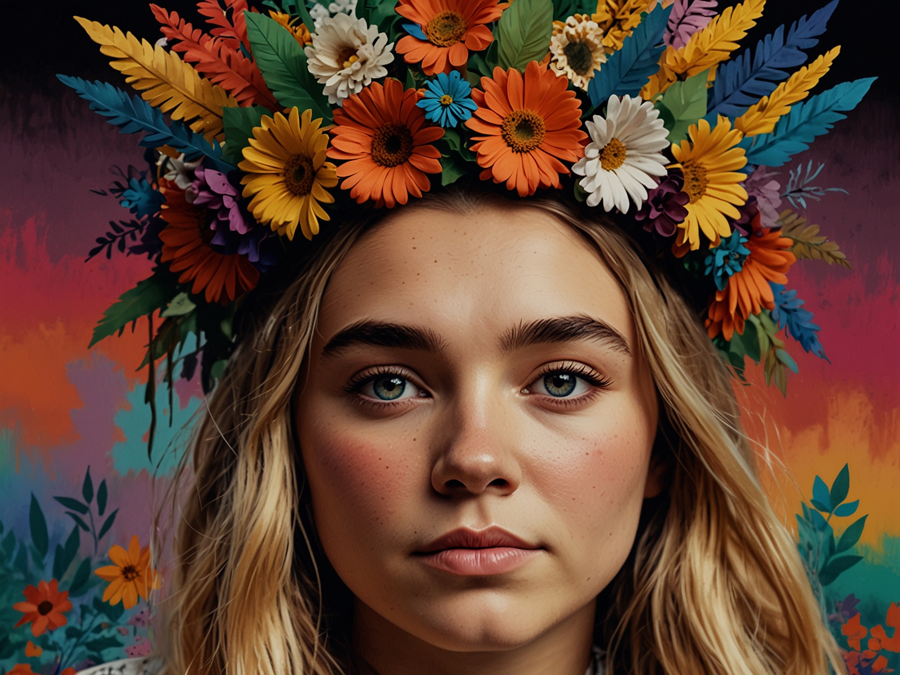 Close-up of Florence Pugh's colorful flower crown during her Glastonbury Festival appearance. The vivid hues of the crown evoke memories of her iconic role in the 2019 horror film 'Midsommar.'