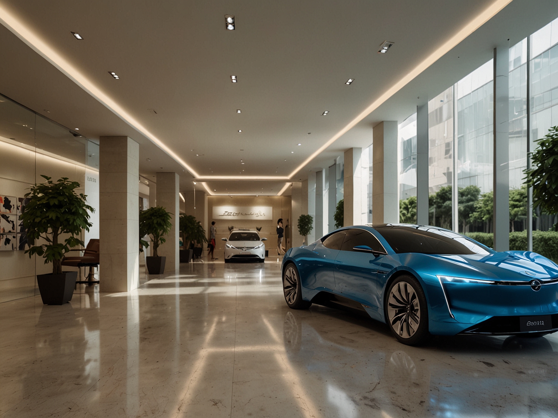 Denza's luxury EV showroom, a chic and high-tech space, attracts numerous visitors, epitomizing the transformation of Hong Kong's retail property market driven by green technology.