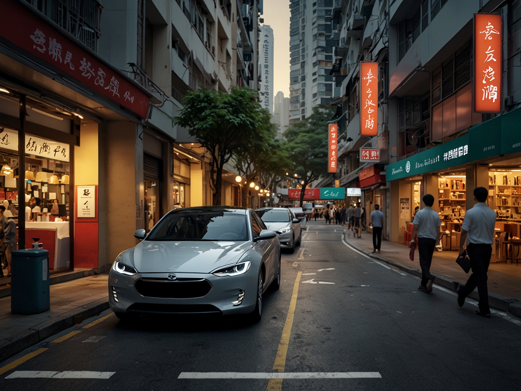 A bustling Hong Kong street with a Denza EV showroom prominently located, surrounded by cafes and shops, illustrating the economic and infrastructural growth spurred by the EV sector.
