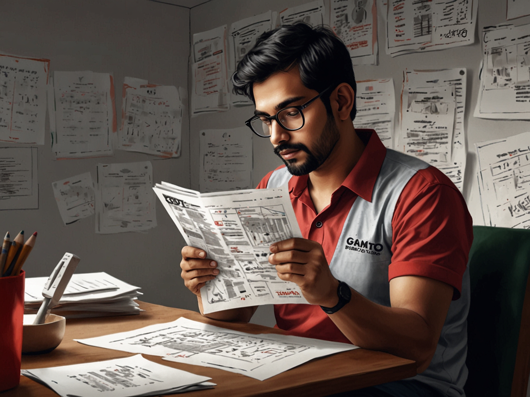 A person reviewing GST documents with Zomato's logo in the background, symbolizing the company's preparation to challenge the GST notice in Karnataka.