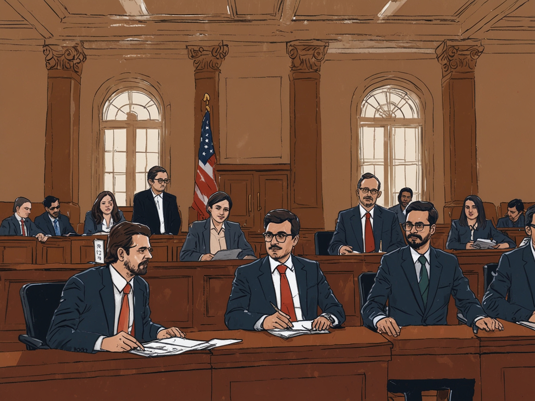A courtroom illustration featuring Zomato's legal team, representing the company's efforts to appeal the GST notice and navigate the complex tax regulations.