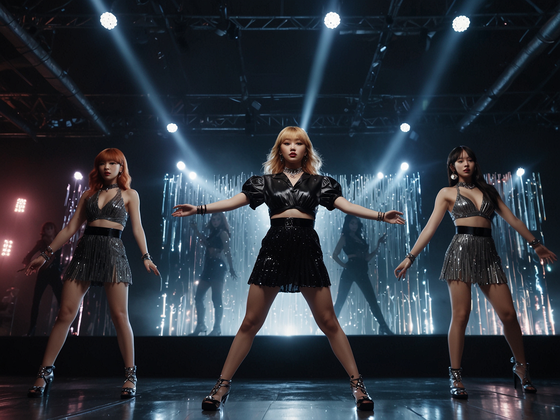 BABYMONSTER members performing synchronized dance moves in the ‘FOREVER’ MV, highlighting their dynamic energy and meticulous choreography against a backdrop of shimmering sequences.