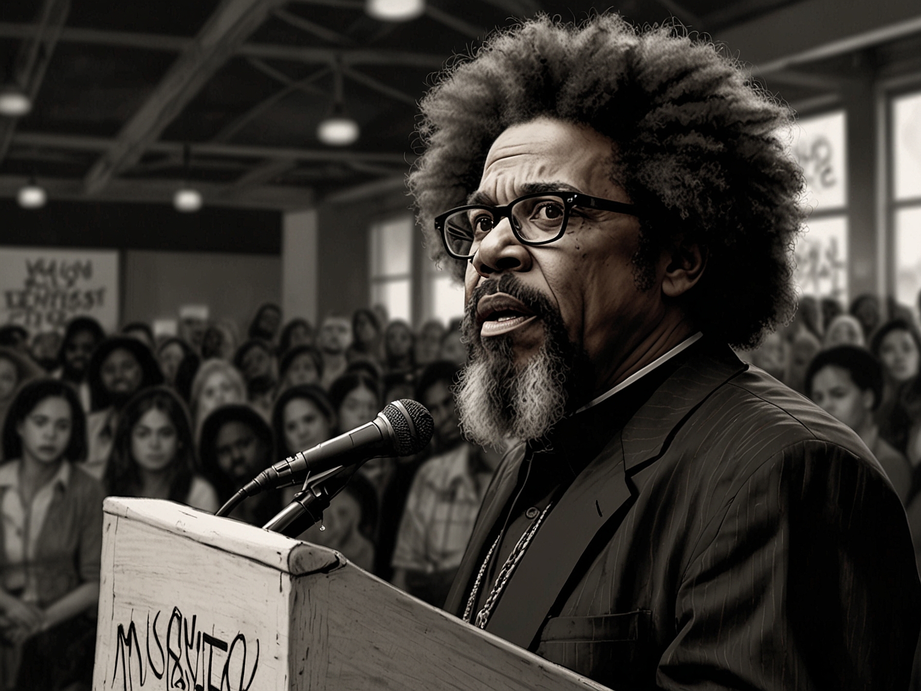 Cornel West speaking at a campaign rally in Arizona, with a diverse crowd in the background showing support. The event highlights the unexpected political collaboration and its impact.