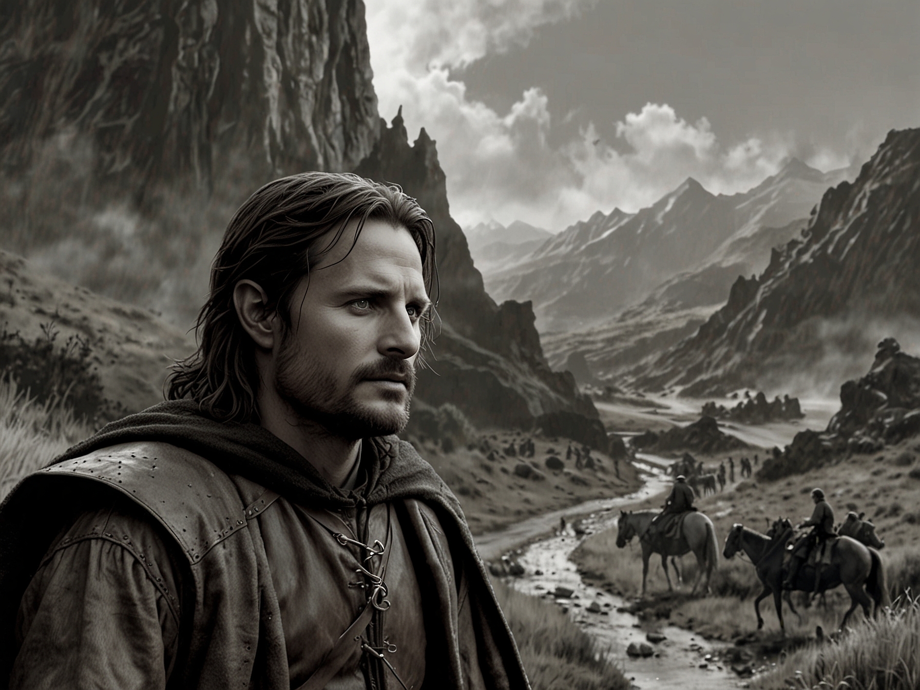 A scene from 'The Lord of the Rings' with Viggo Mortensen as Aragorn; he replaced Stuart Townsend who was deemed too young for the role, illustrating how creative decisions shape iconic characters.