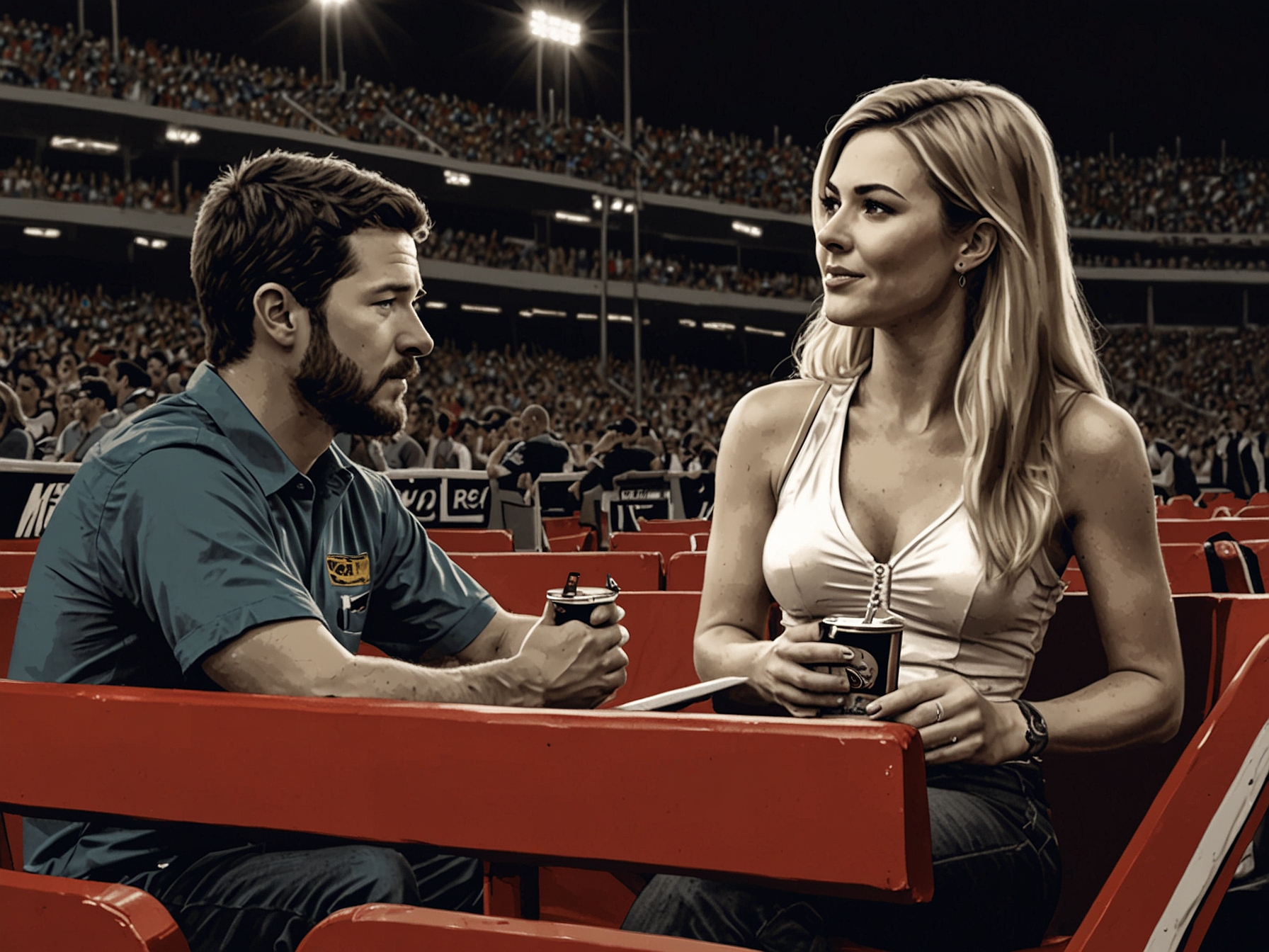 Emily Collins spotted in the VIP section at a NASCAR race, watching intently as Martin Truex Jr. competes, contributing to rumors of their possible romantic involvement.