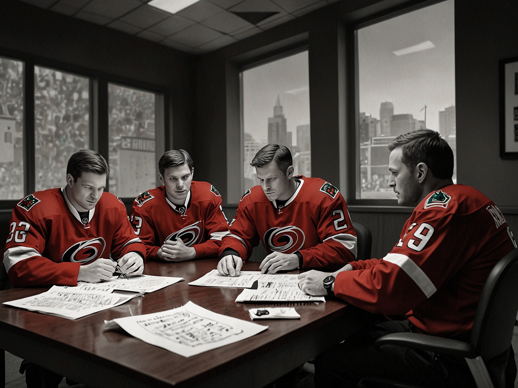 The Carolina Hurricanes management is seen in a strategic meeting discussing the issuance of qualifying offers to their key young players, focusing on retaining and developing future talents.