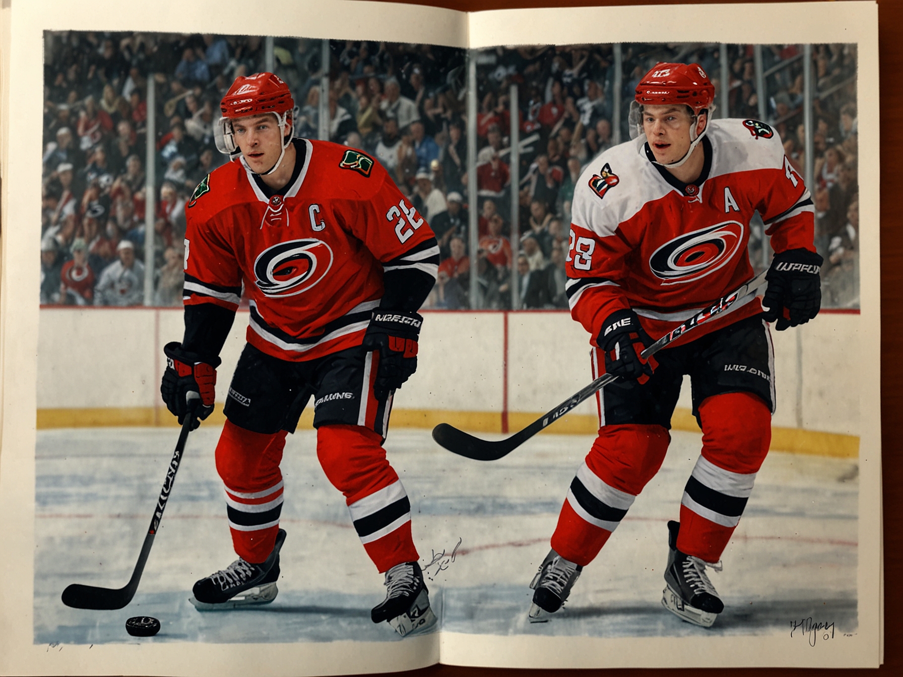 A collage of action shots featuring Dylan Coghlan, Jack Drury, Seth Jarvis, and Martin Necas on the ice, highlighting their skills and importance to the Carolina Hurricanes' future success.