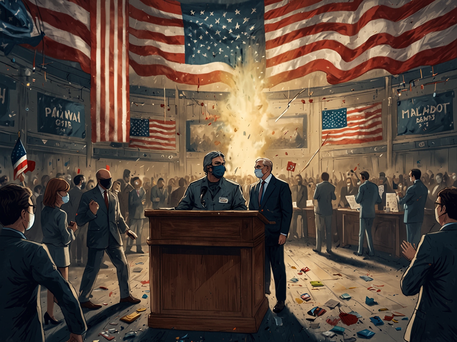 Illustration capturing the turbulent atmosphere of the 2020 election campaign, with elements representing the COVID-19 pandemic, social unrest, and technological influences.