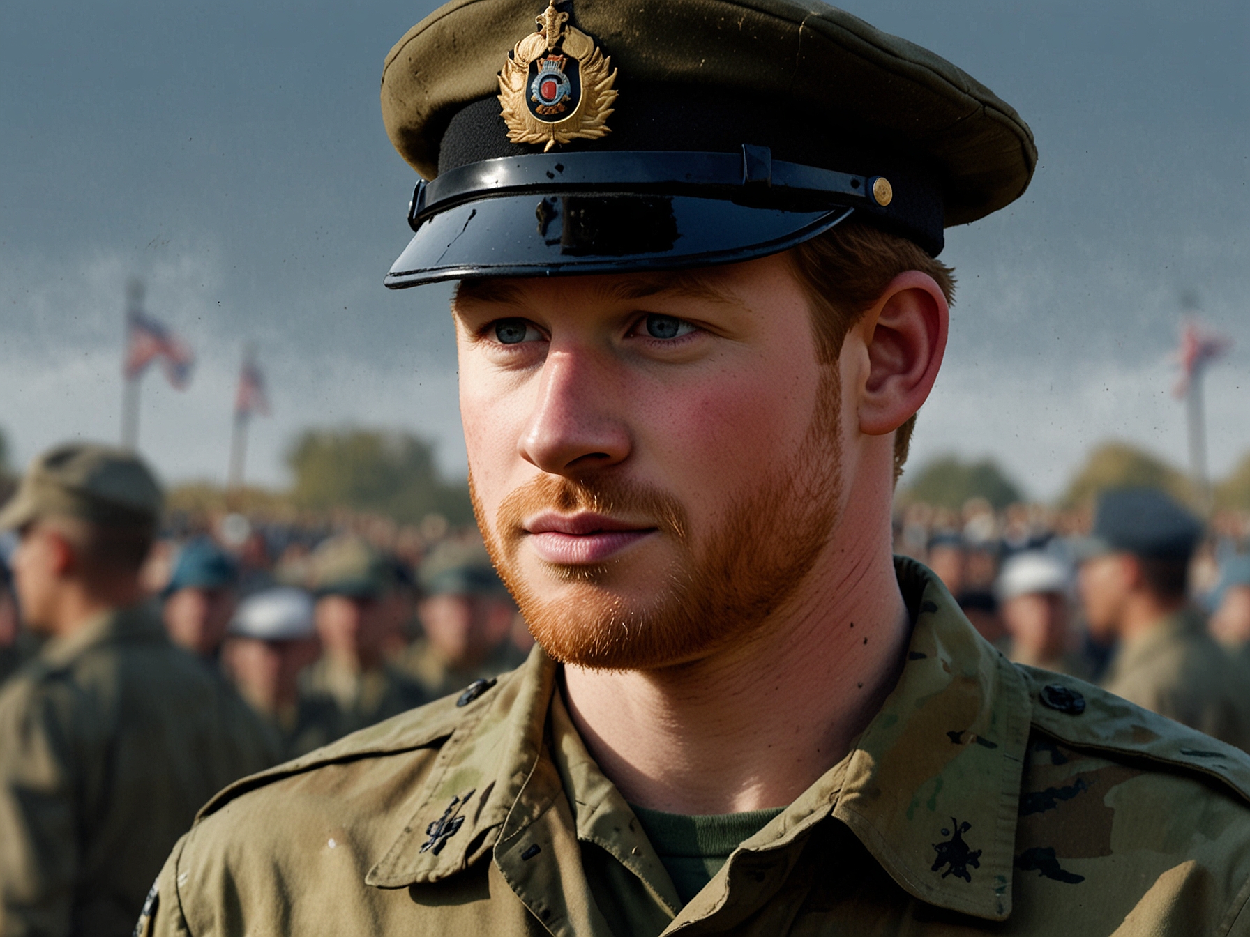 Prince Harry in military uniform attending a public event, highlighting his decade-long service in the British Army and his two tours in Afghanistan, underscoring his commitment to service.