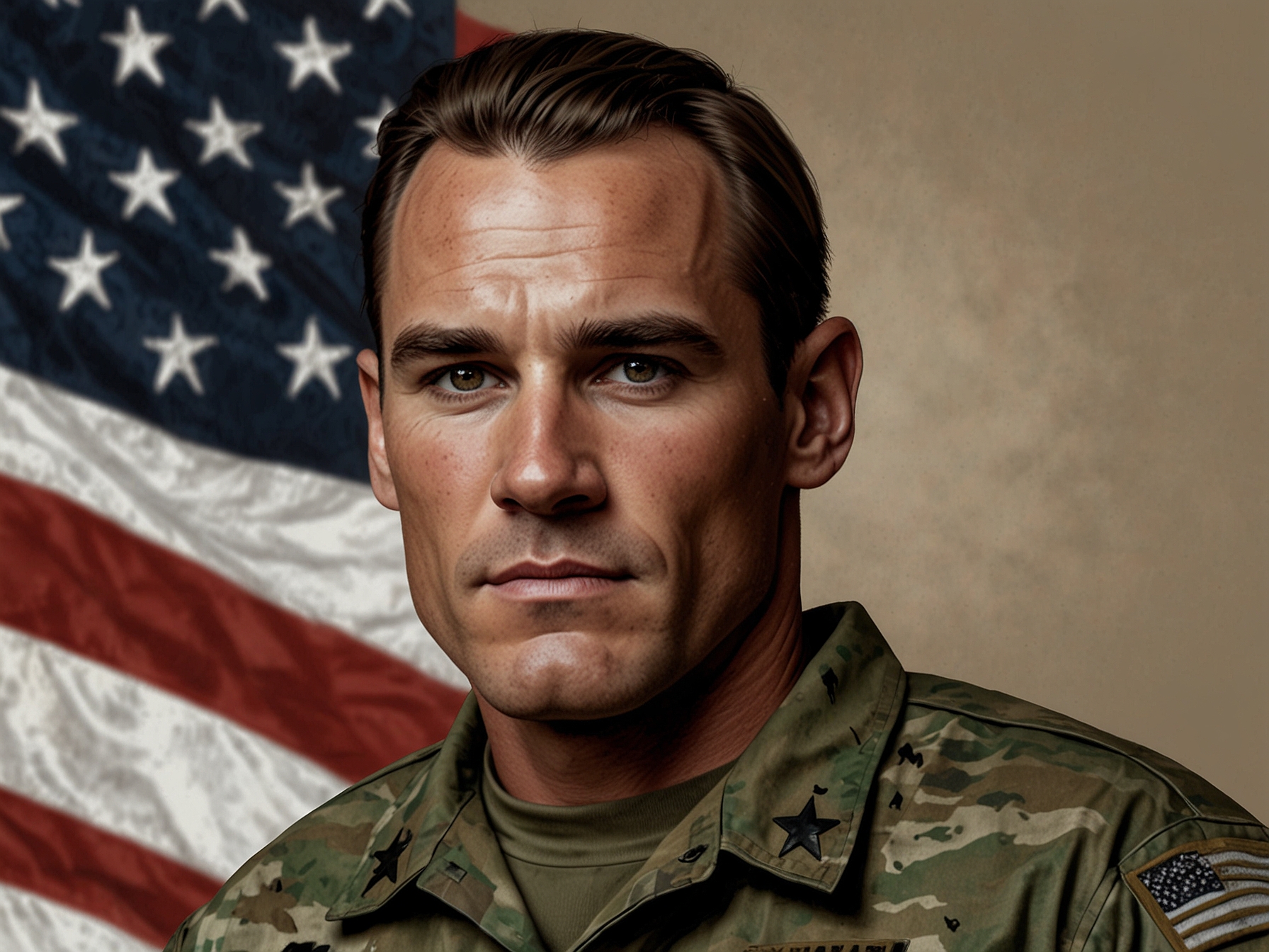 A portrait of Pat Tillman in his Army Ranger uniform, symbolizing sacrifice and patriotism. Tillman's legacy as a former NFL player turned war hero brings emotional weight to the award controversy.