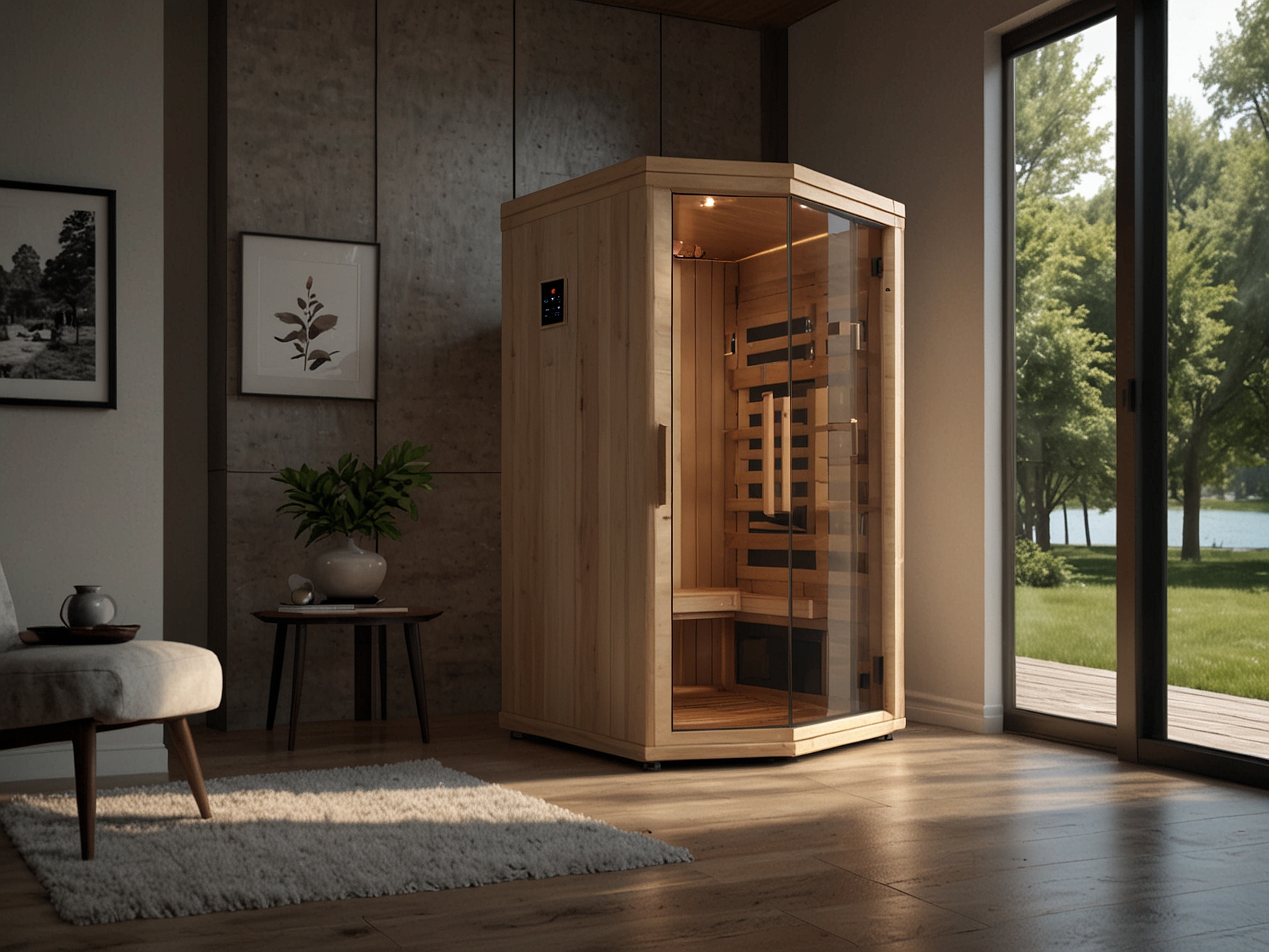 A modern home interior featuring the Sunlighten Solo System portable infrared sauna, highlighting its sleek design and compact size, suitable for small spaces and mobility.