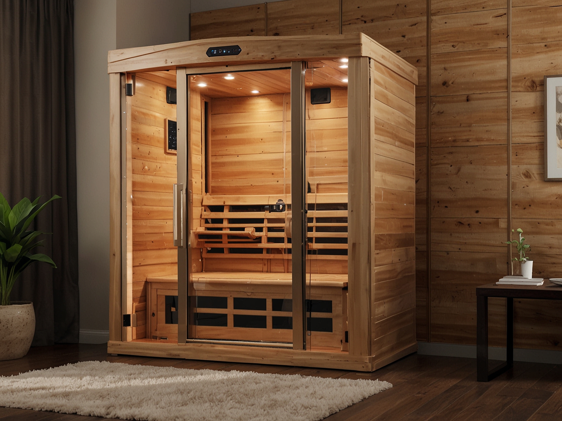 A spacious and luxurious setup of the Clearlight Sanctuary™ Full Spectrum Infrared Sauna in a home, showcasing its eco-certified wood and advanced digital control panel.