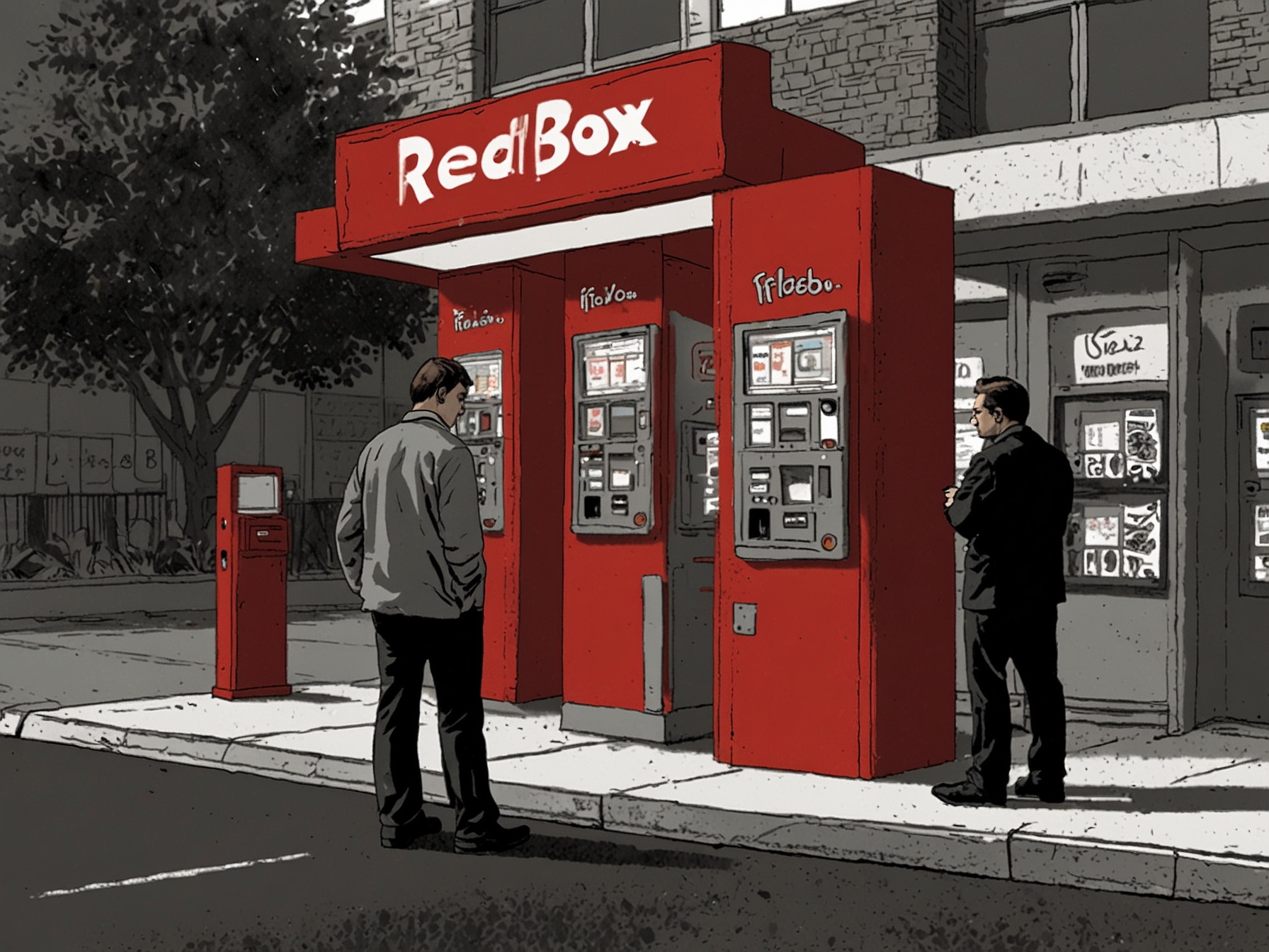 A worried employee stands in front of Redbox kiosks, symbolizing the company's financial challenges and the decline in DVD rentals as consumers shift to digital streaming platforms.