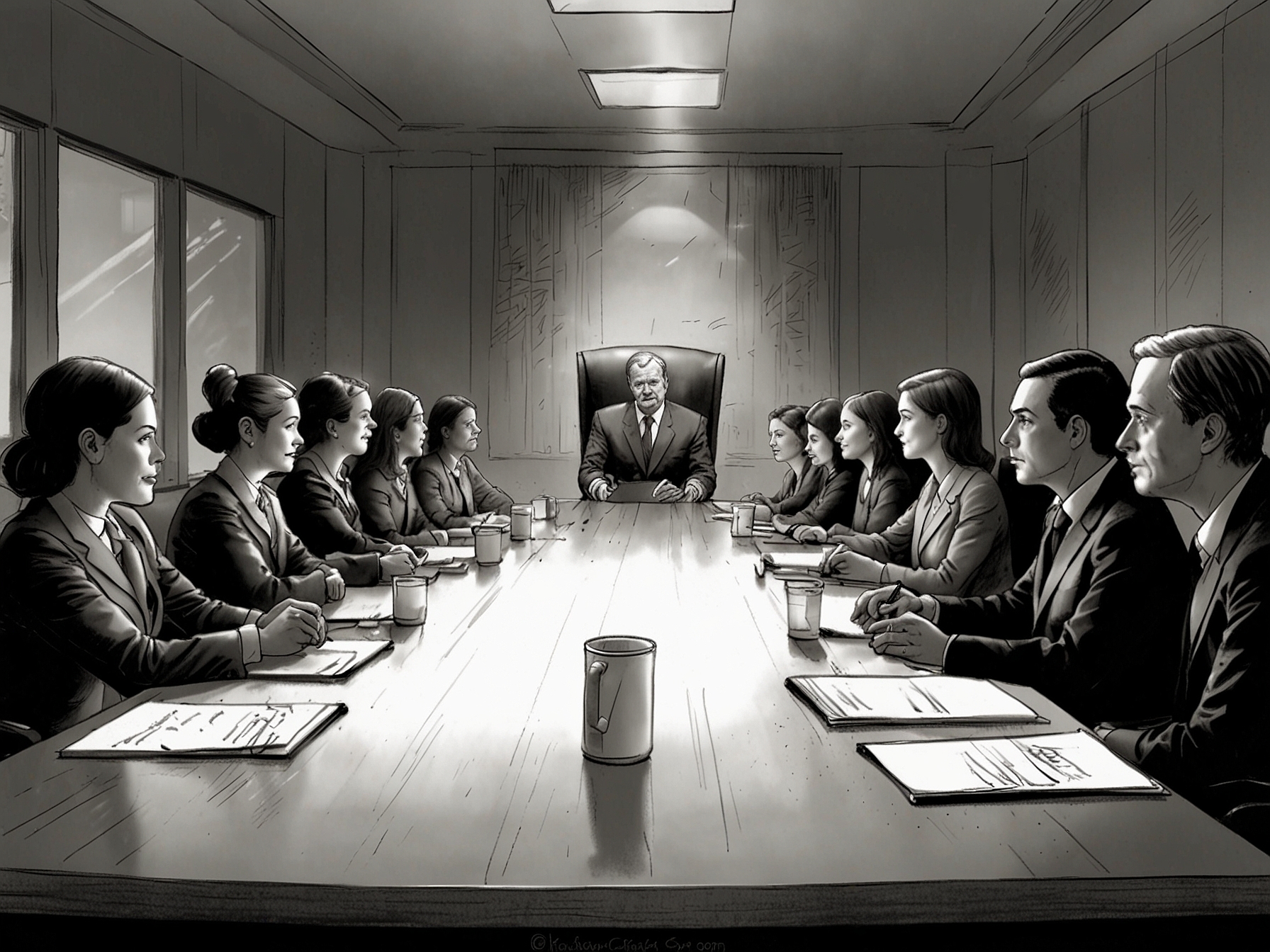 A boardroom scene depicting executives in a meeting, illustrating ongoing efforts to develop a viable restructuring plan to stabilize Chicken Soup for the Soul's finances and keep the company operational.