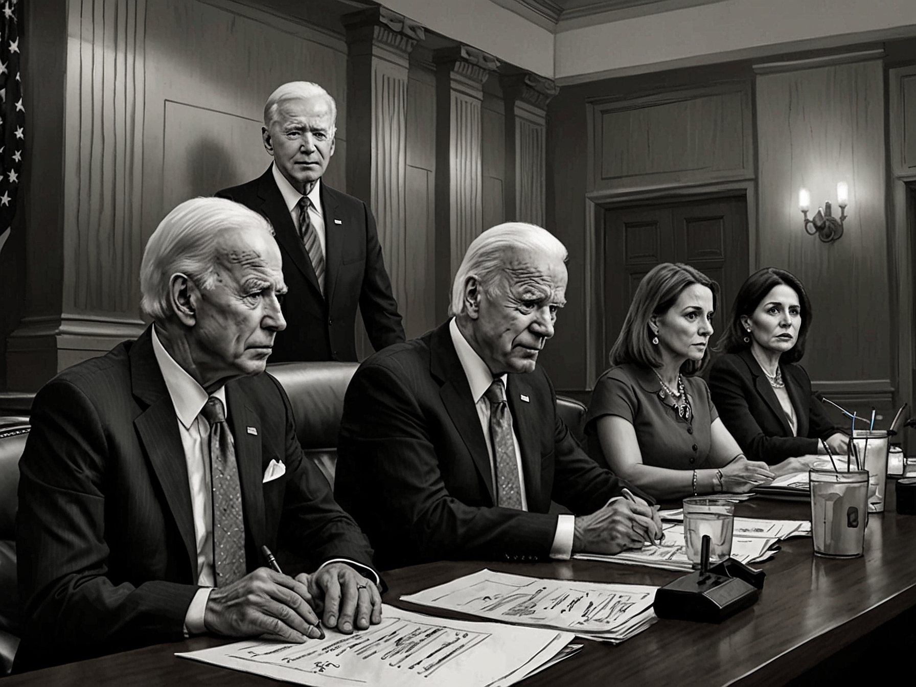 House Democrats in a meeting room displaying concerned expressions while discussing President Biden's recent debate performance and its implications for the 2024 presidential race.