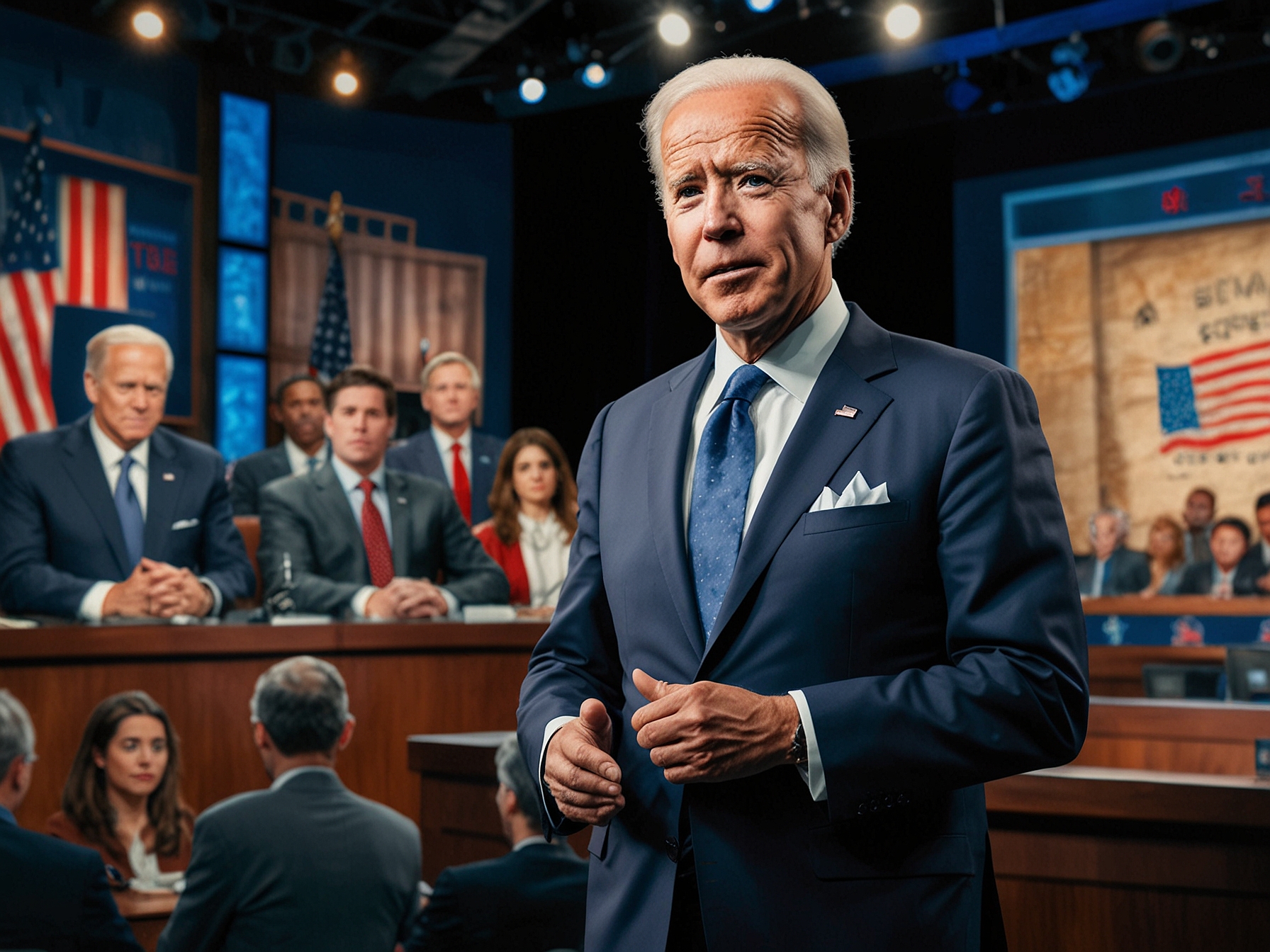 President Biden on stage during the debate, appearing unsteady and struggling with responses, as Democratic supporters in the background watch with apprehensive expressions.