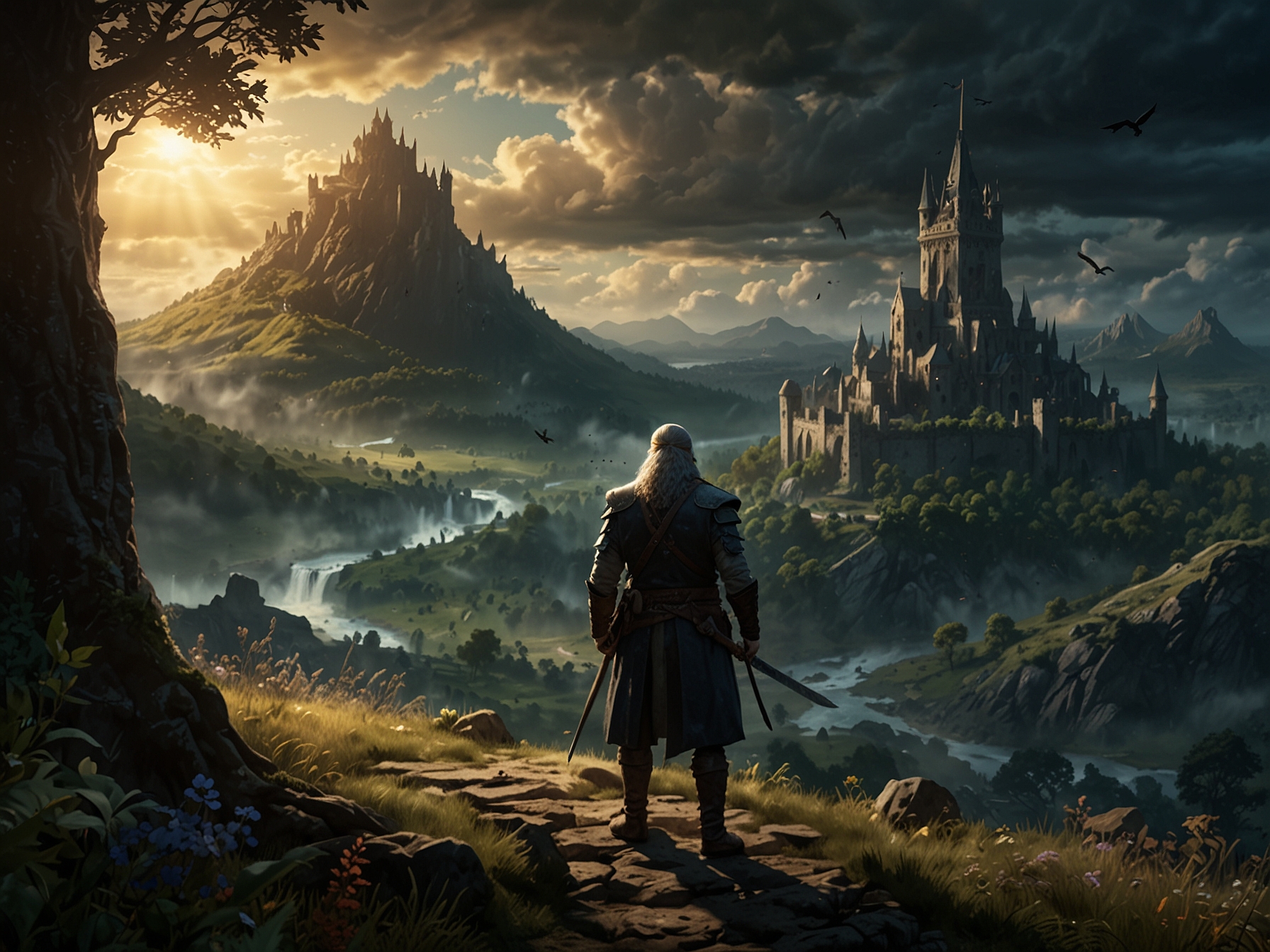A vibrant scene from the game 'Elden Ring' showcasing its expansive, dark fantasy world crafted by Hidetaka Miyazaki and George R.R. Martin, representing the highlight of the 2024 Steam Summer Sale.