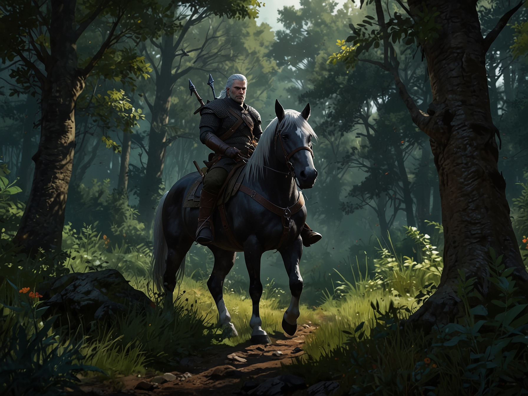 An image of 'The Witcher 3: Wild Hunt' featuring Geralt of Rivia riding through a lush, detailed open world, emphasizing the game's captivating narrative and immersive adventure, now available at a steep discount.