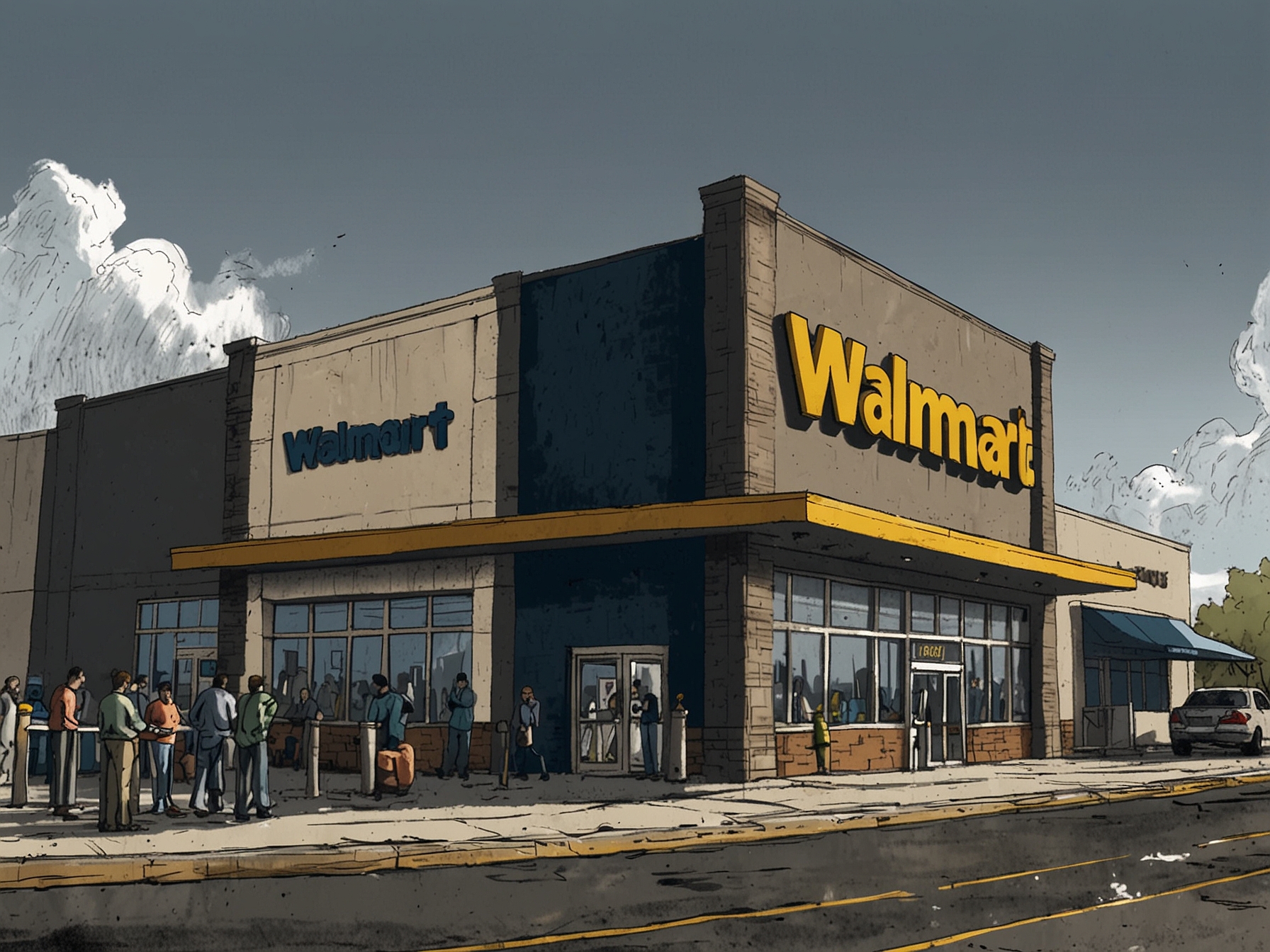 A bustling Walmart store symbolizing its consistent dividend payouts, contrasted with a tool company’s factory, showcasing the dual investment opportunity in stable and high-yield stocks.