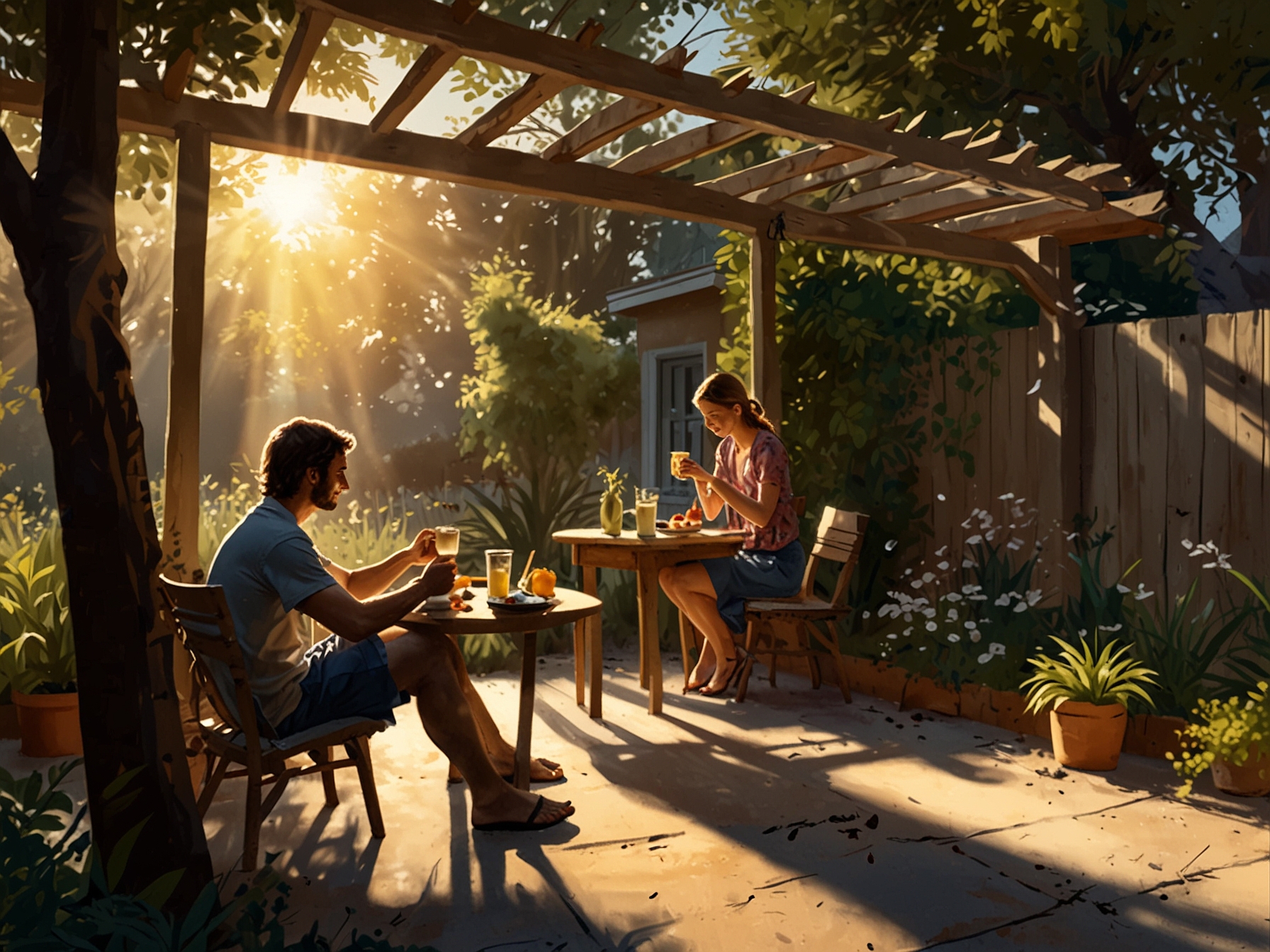 A couple enjoys an early morning breakfast in their shaded backyard, with the soft rays of the rising sun casting long shadows and birds beginning their day.