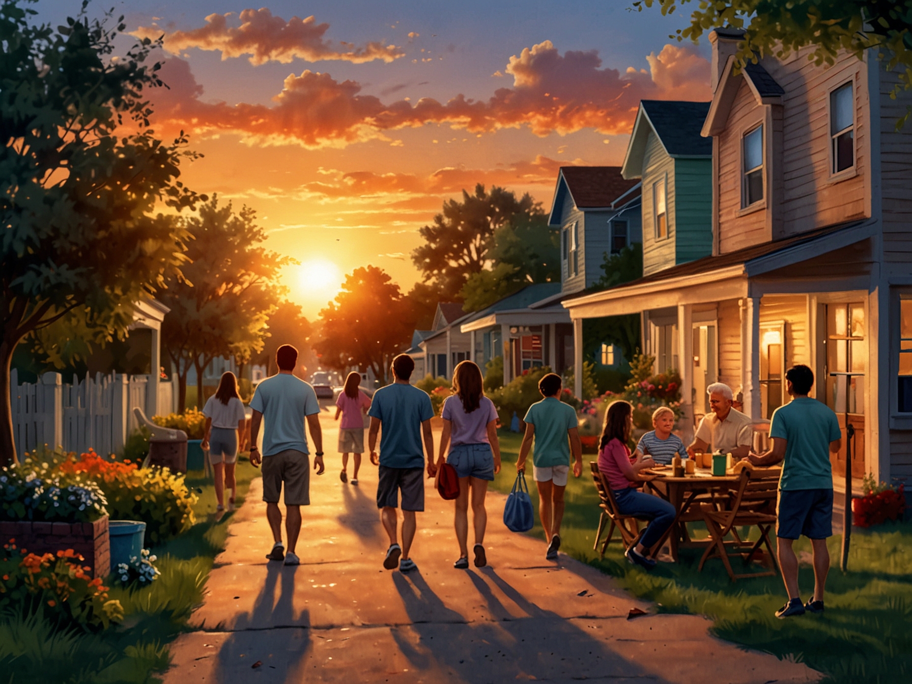 A neighborhood comes alive in the cooler evening, with families gathering for cookouts and leisurely walks under the vibrant hues of a setting sun.